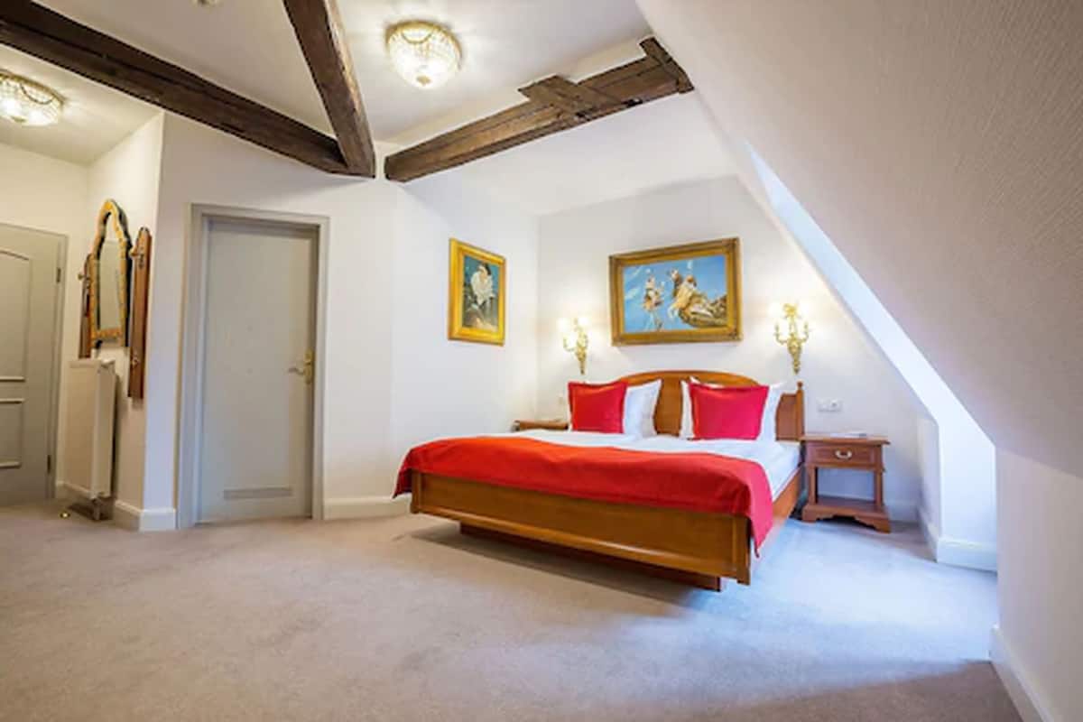 A bedroom with a large bed, a door, and two paintings on the wall.