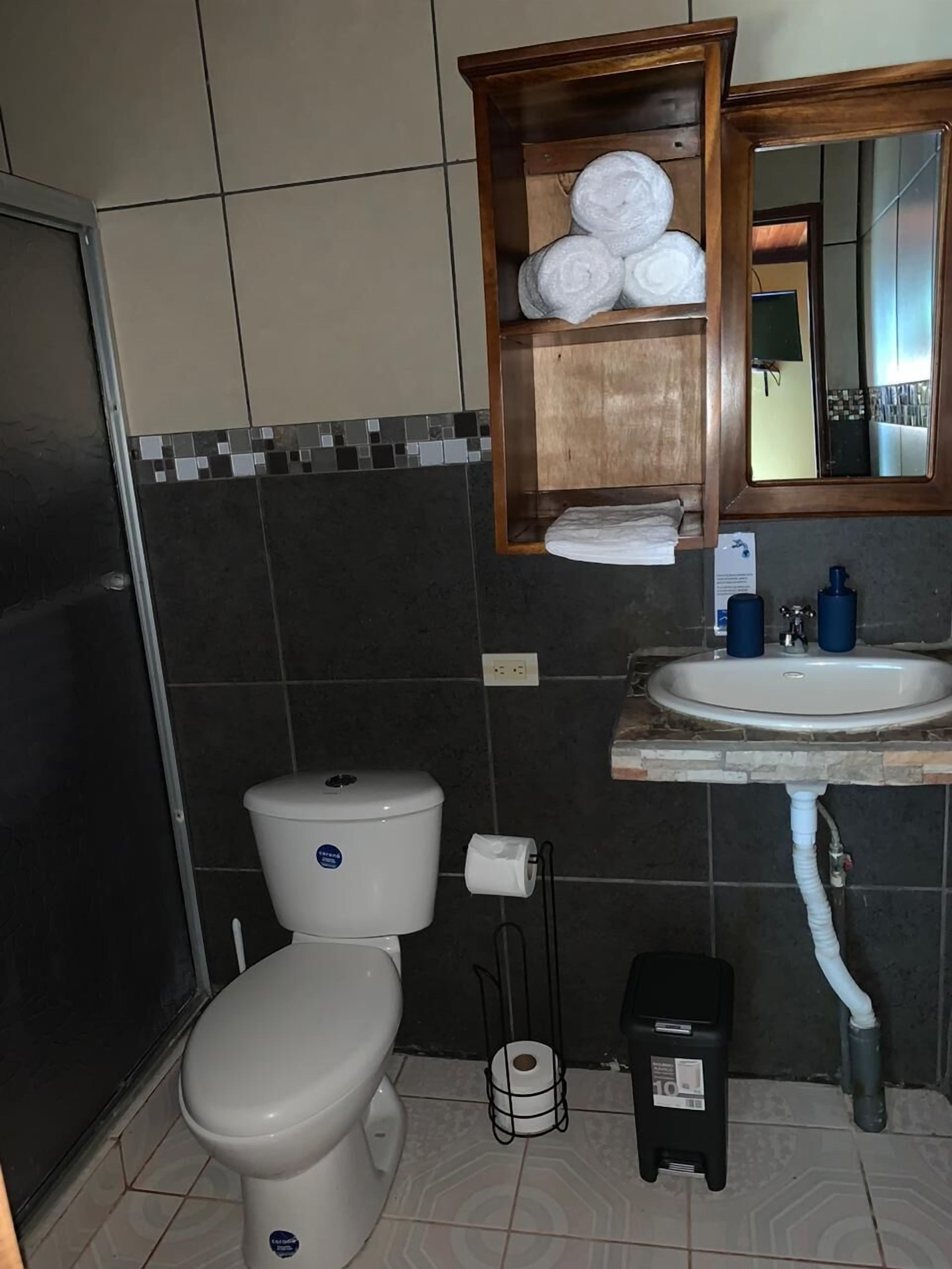 A bathroom with a toilet, a sink, a mirror, and a towel rack.