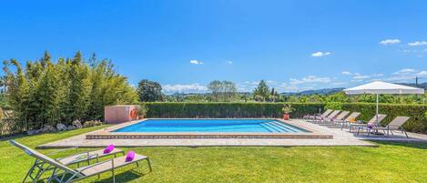 A rectangular swimming pool with a stone border, surrounded by a well-maintained lawn and several lounge chairs.