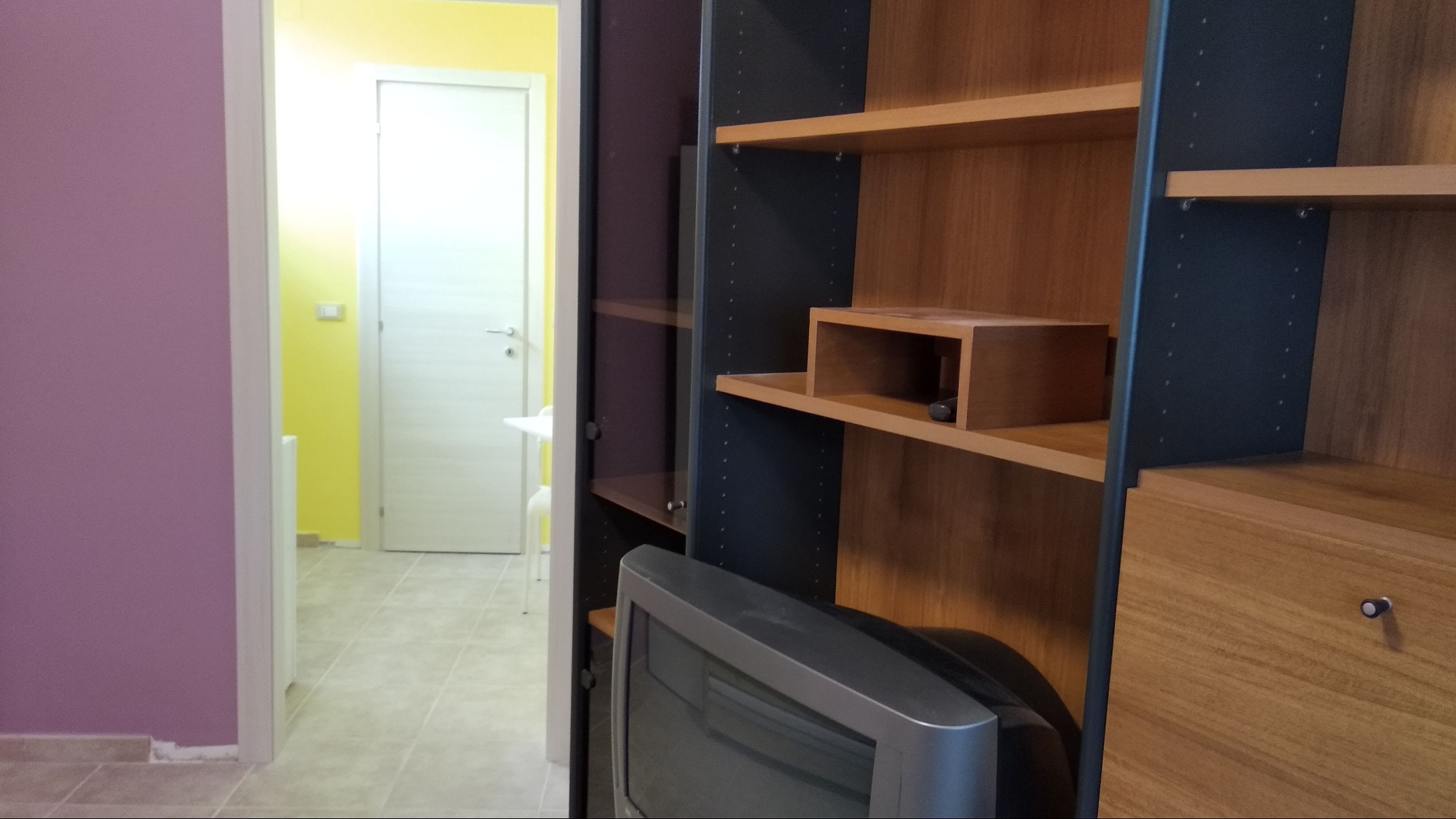 A room with a television, wooden shelves, and a door leading to another room.