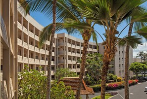 A multi-story hotel with balconies, surrounded by palm trees and tropical plants.