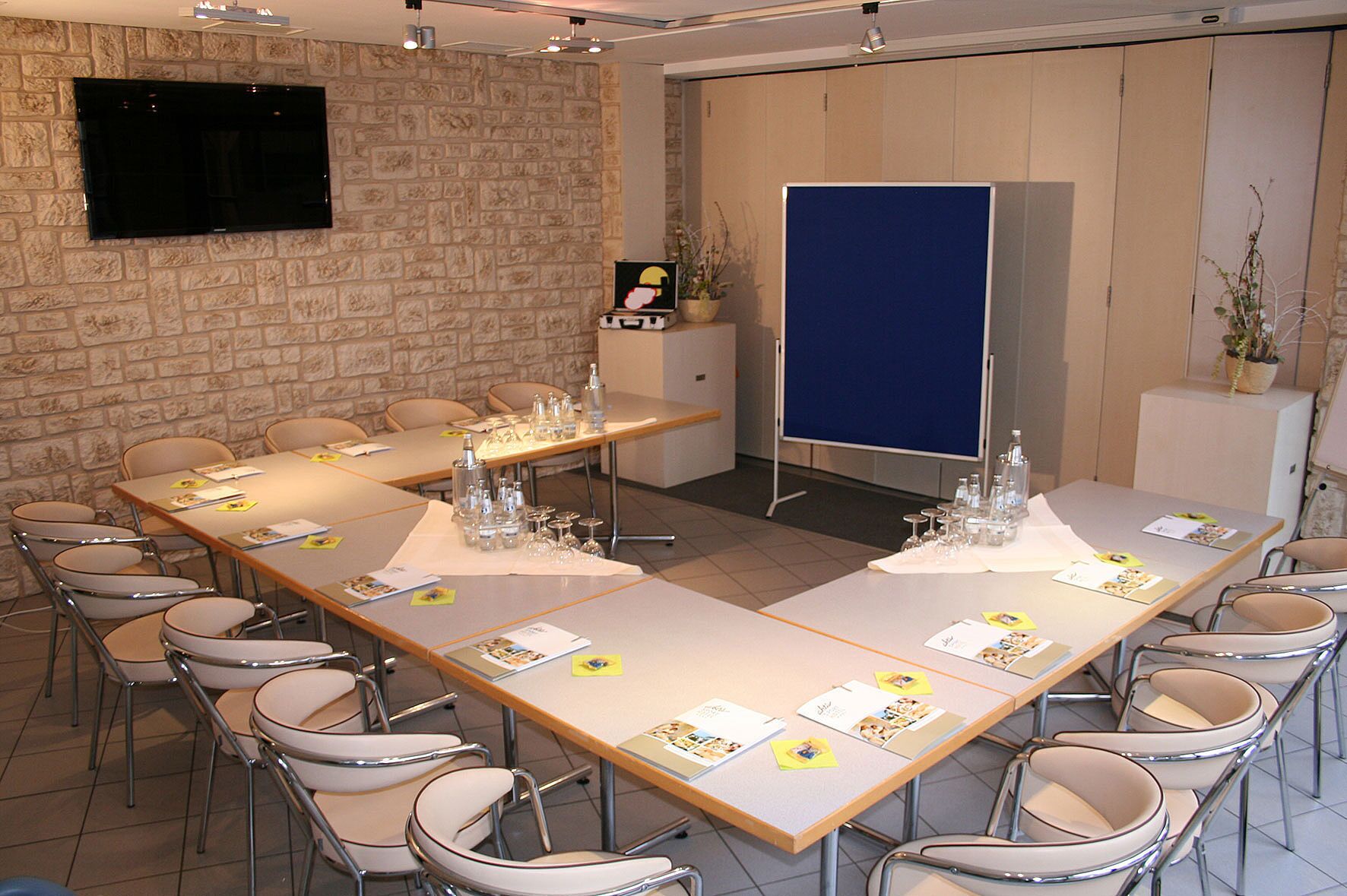 A conference room with a long table, chairs, a TV, a blue screen, and a plant.