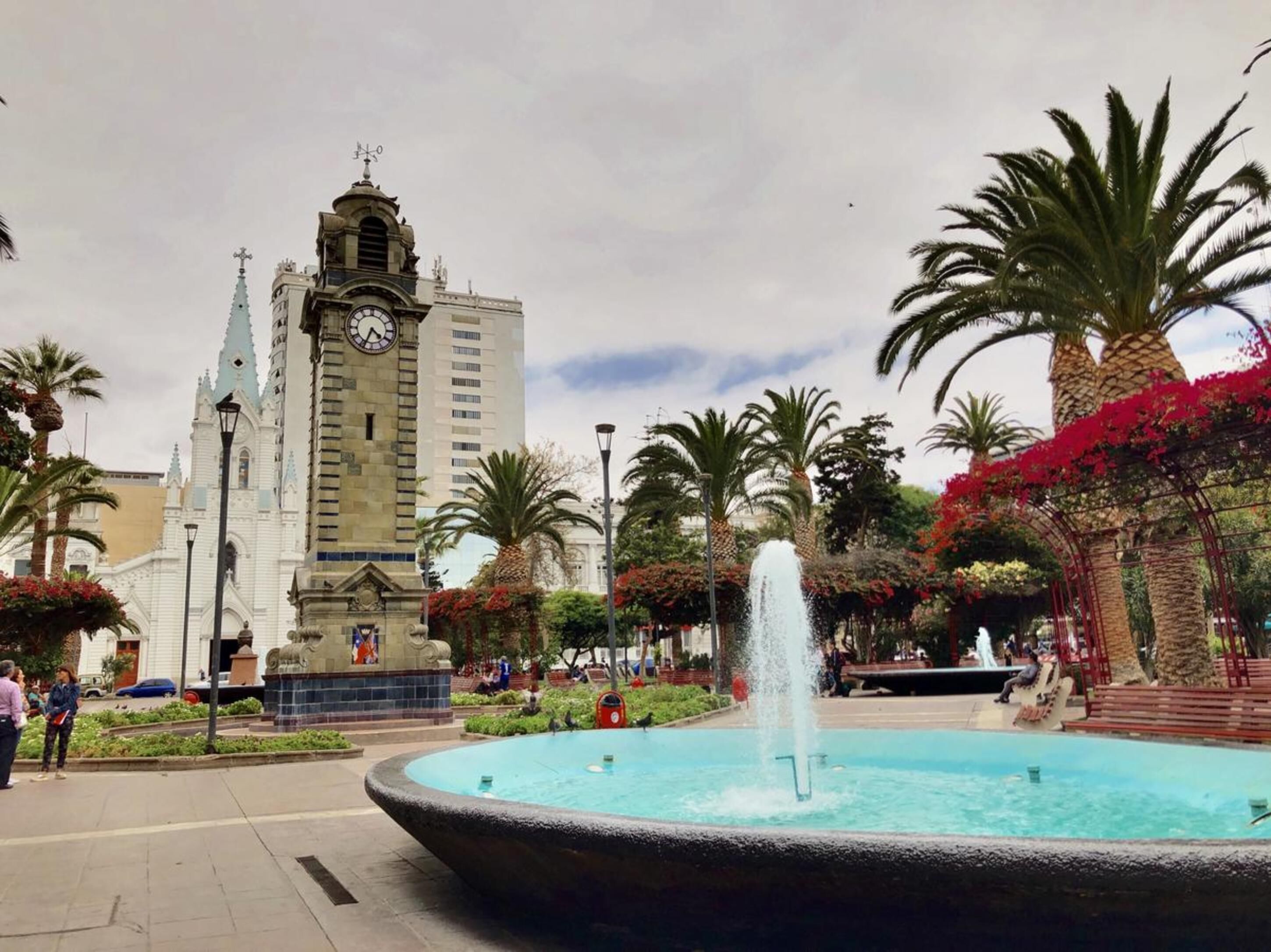 Una plaza pública con una fuente, palmeras y una torre del reloj histórica.