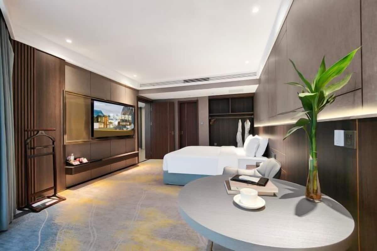 A modern hotel room with a bed, a TV, a dining table, and a large plant.