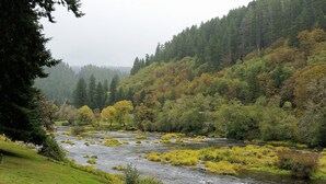 Une rivière traverse une zone boisée, et une clôture blanche est visible au premier plan.