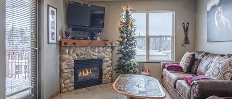 Télévision à écran plat, cheminée, lecteur de DVD