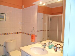 Secador de cabelo, toalhas de banho, sabonete, shampoo