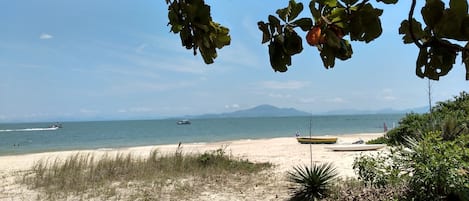 On the beach, sun-loungers