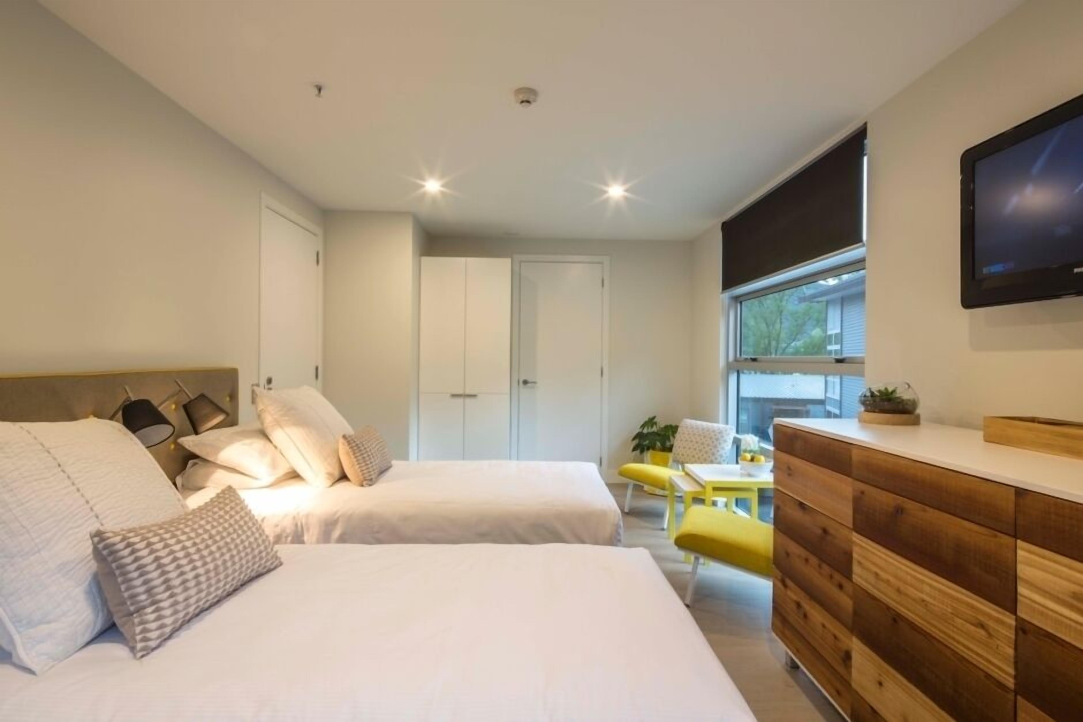 A modern bedroom with two beds, a wooden dresser, a TV, and a small table with a plant.