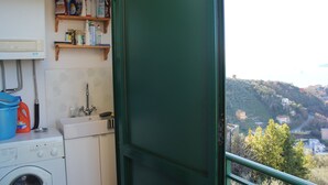 A laundry area with a washing machine, shelves with cleaning supplies, a sink, and a view of a hillside town. - Apartment 6 pax wifi breathtaking sea view (Lerici)