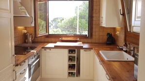Cocina moderna con mostradores de madera, un espacio para vinos empotrado y una ventana con vistas a la vegetación.