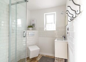 Bathroom features a glass shower enclosure, a sink, and a toilet, with a window and potted plant.