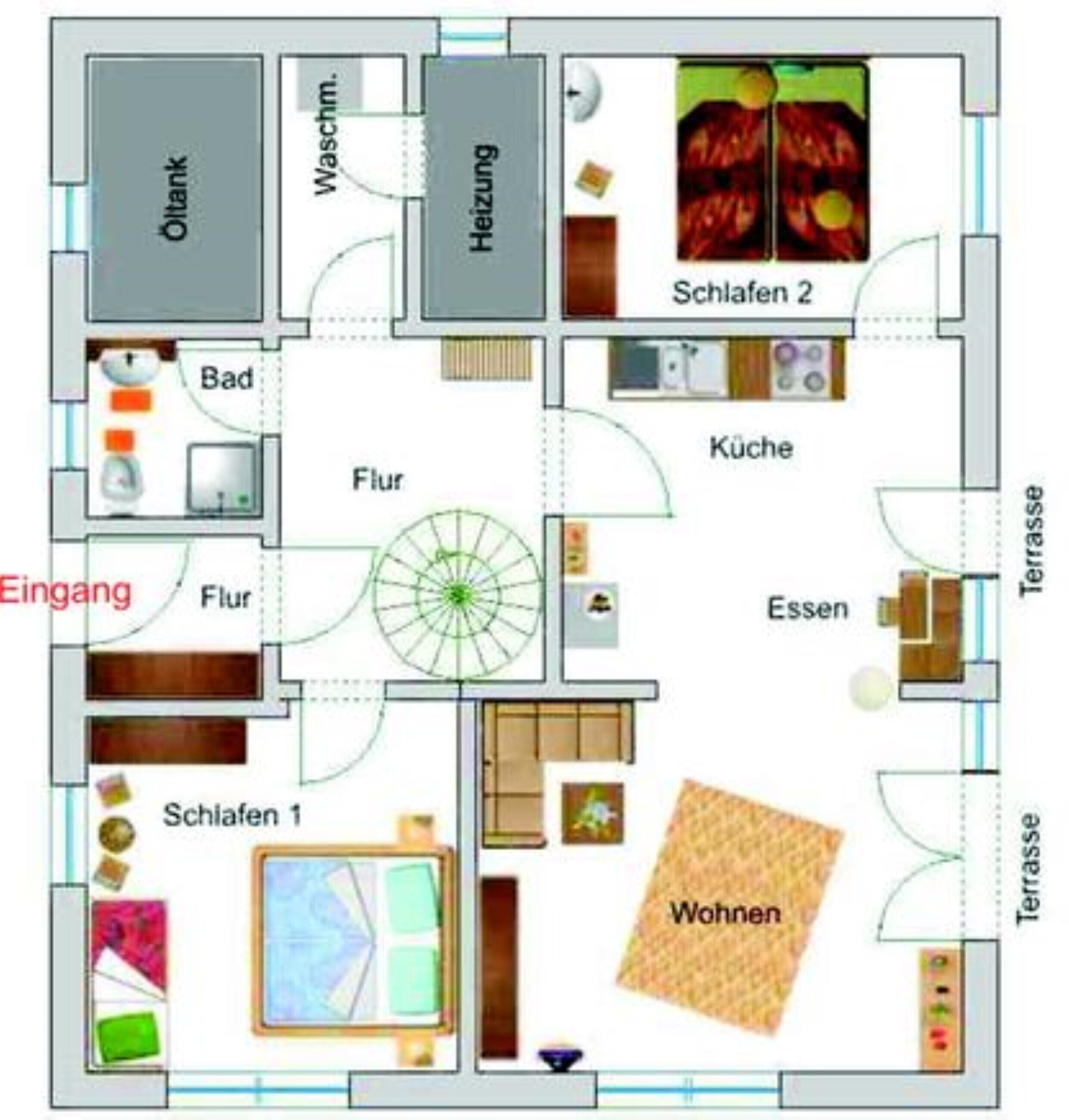 A hotel floor plan with a bathroom, kitchen, dining area, living room, and terrace.