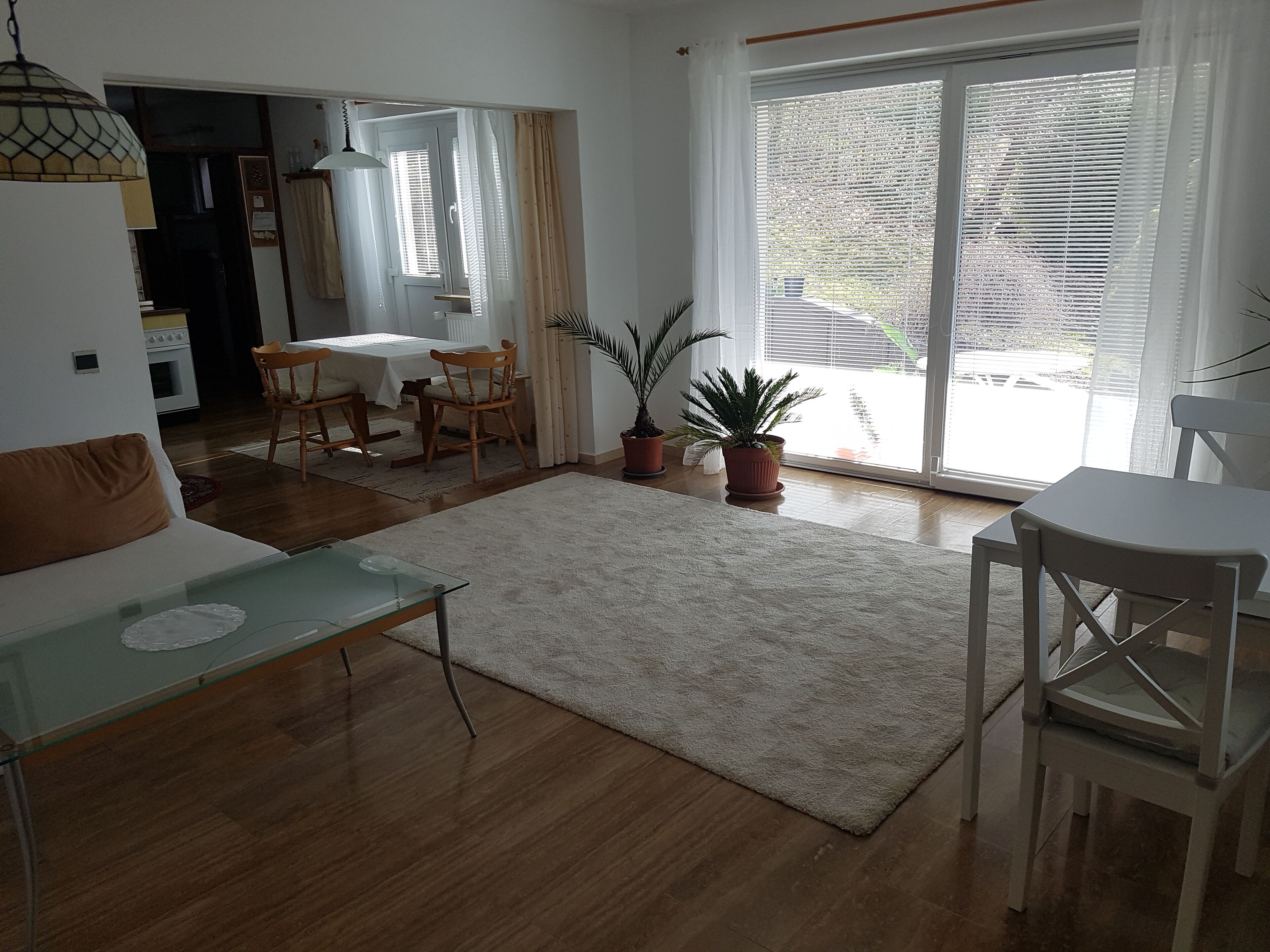 Un salon comprenant une table basse en verre, un canapé, une table à manger avec des chaises et une grande porte-fenêtre coulissante donnant sur un espace extérieur.