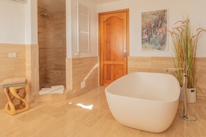 Baignoire, sèche-cheveux, serviettes fournies, savon