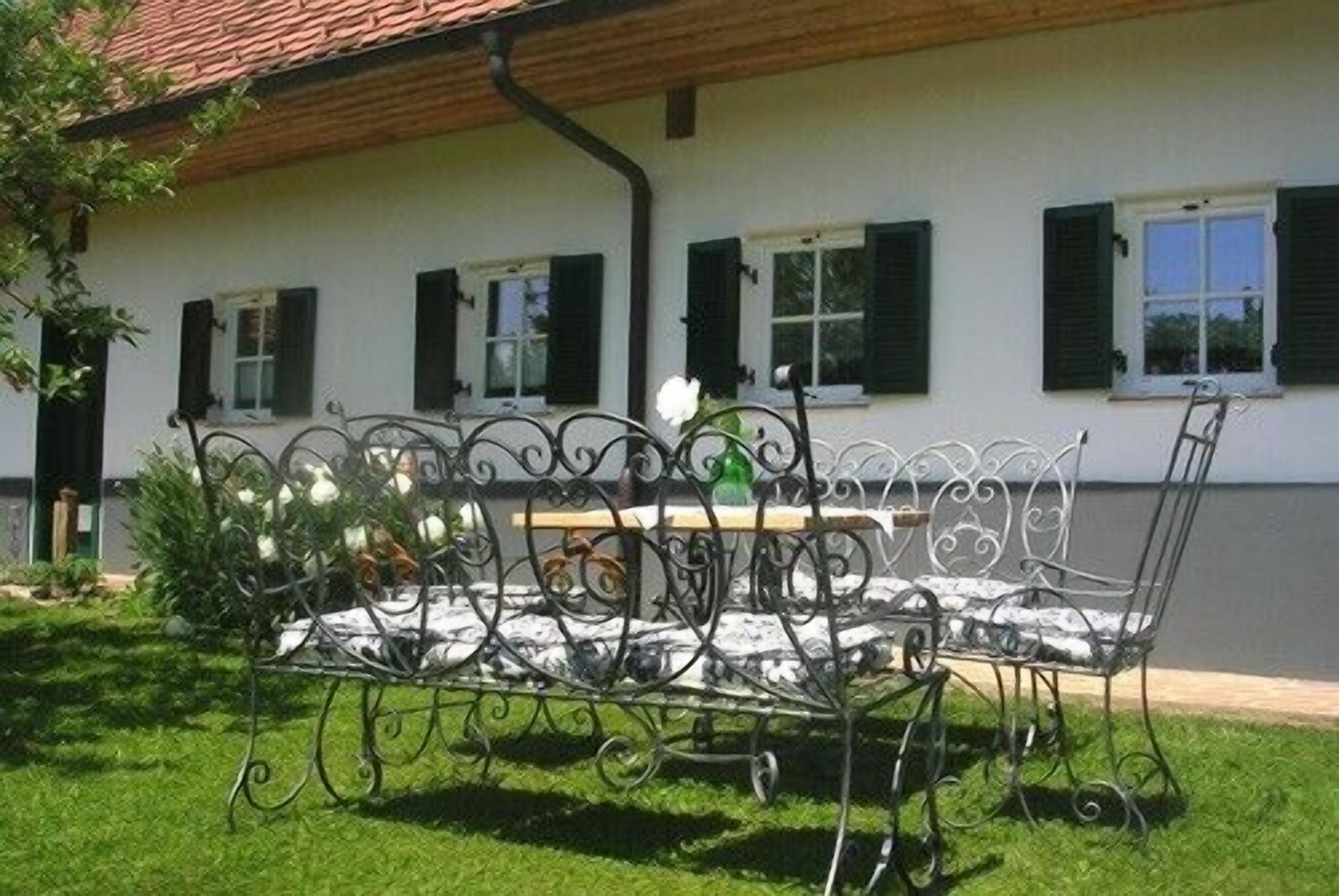 A metal outdoor dining table with chairs, set on a lawn in front of a building with white walls and green shutters.