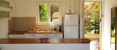Cocina moderna con una isla central, horno empotrado y refrigerador. Una ventana ofrece luz natural y vistas al exterior.
