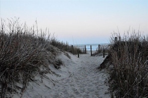 Walk along the serene beach, flanked by tall grass, and enjoy the peaceful atmosphere.