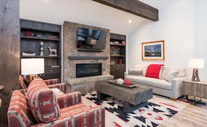 Smart TV, chimenea, libros