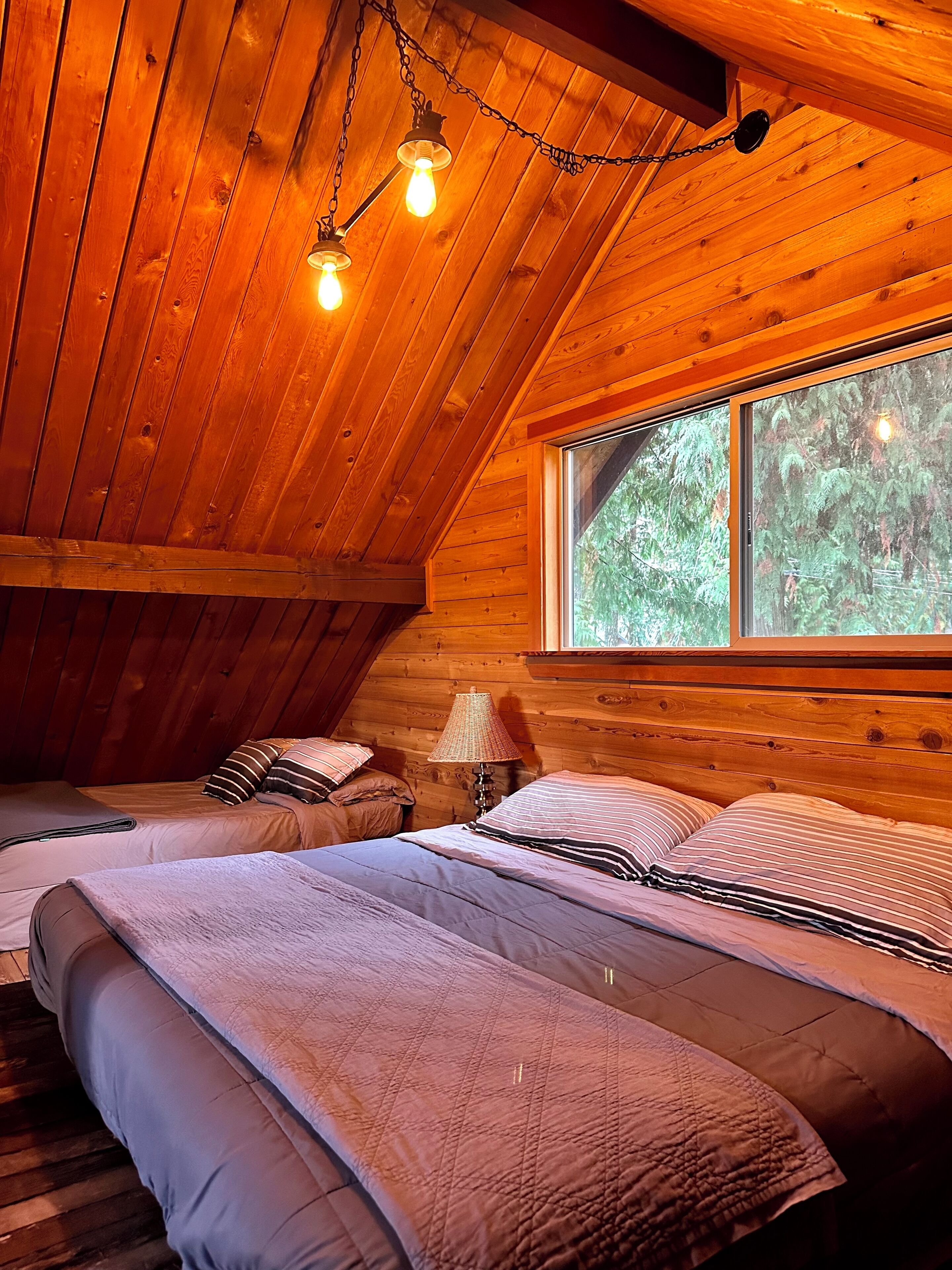 Un dormitorio de cabaña acogedor con dos camas, paredes de madera, una ventana con vista a árboles y bombillas colgantes.