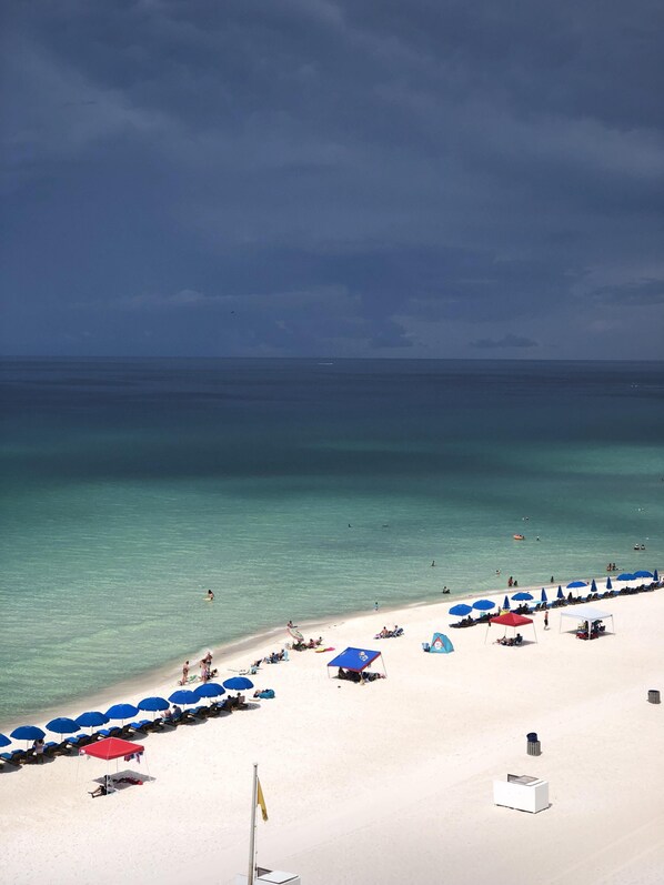 On the beach, sun loungers