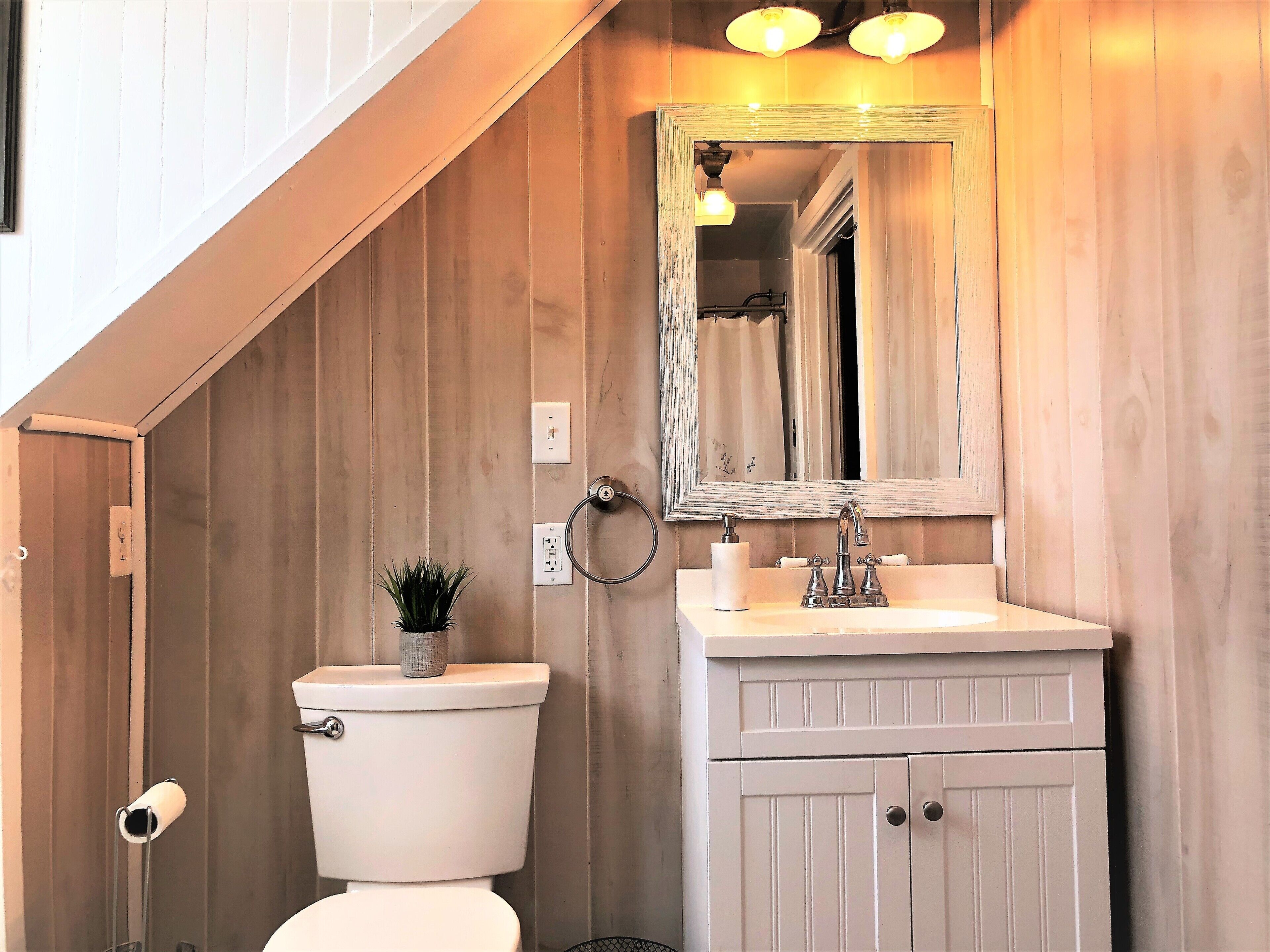 Une salle de bain avec un mur en bois, des toilettes blanches, un lavabo avec un miroir et une petite plante en pot.