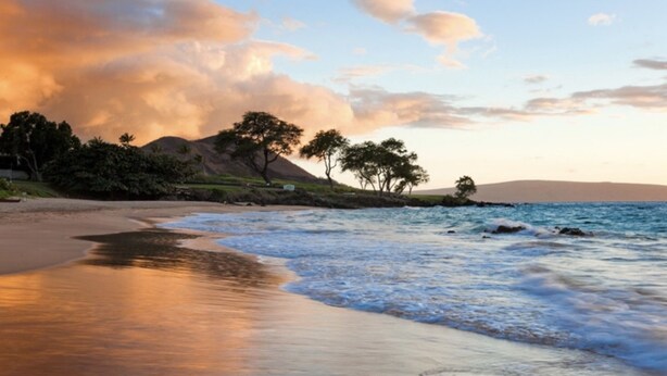 A beach with a calm sea, trees, and a hilly landscape in the background. - Maui Vista #2110 - Ground Floor! REDUCED RATES! BEDROOM AC, near beach!! (Kihei)