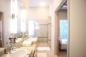 Combined shower/tub, jetted tub, hair dryer, bidet