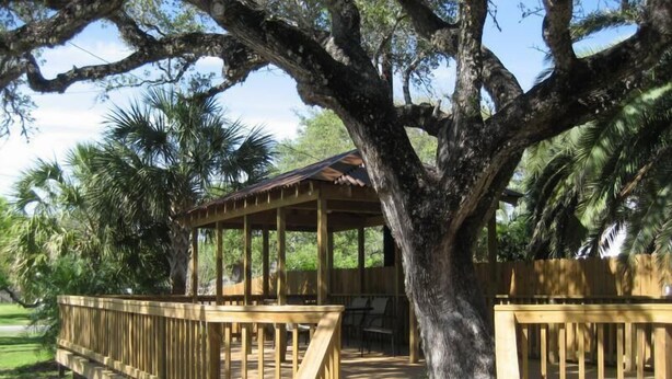 Una terraza de madera con bancos y una zona de estar cubierta bajo un árbol grande.