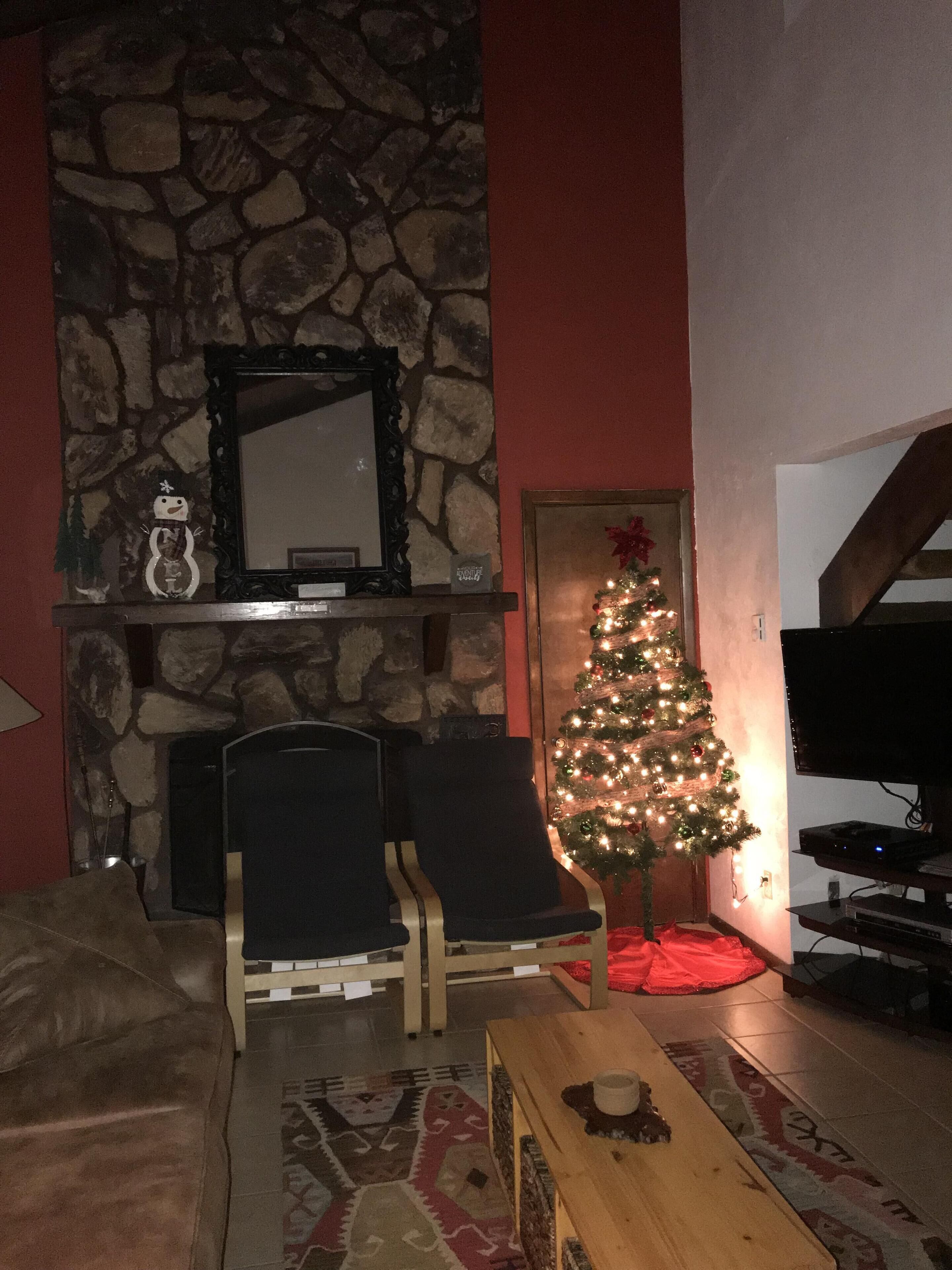 Televisión, chimenea y reproductor de DVD 