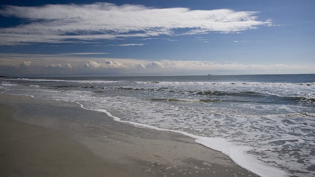 A beach with waves, a clear sky, and a distant ship.