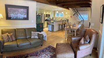 TV connectée, cheminée, lecteur de DVD, livres