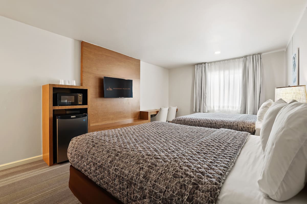 Habitación de hotel con dos camas, televisión, minibar y ventana con cortinas.