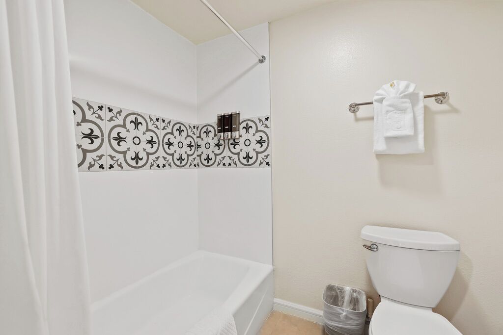 A bathroom with a shower, toilet, and a towel rack.