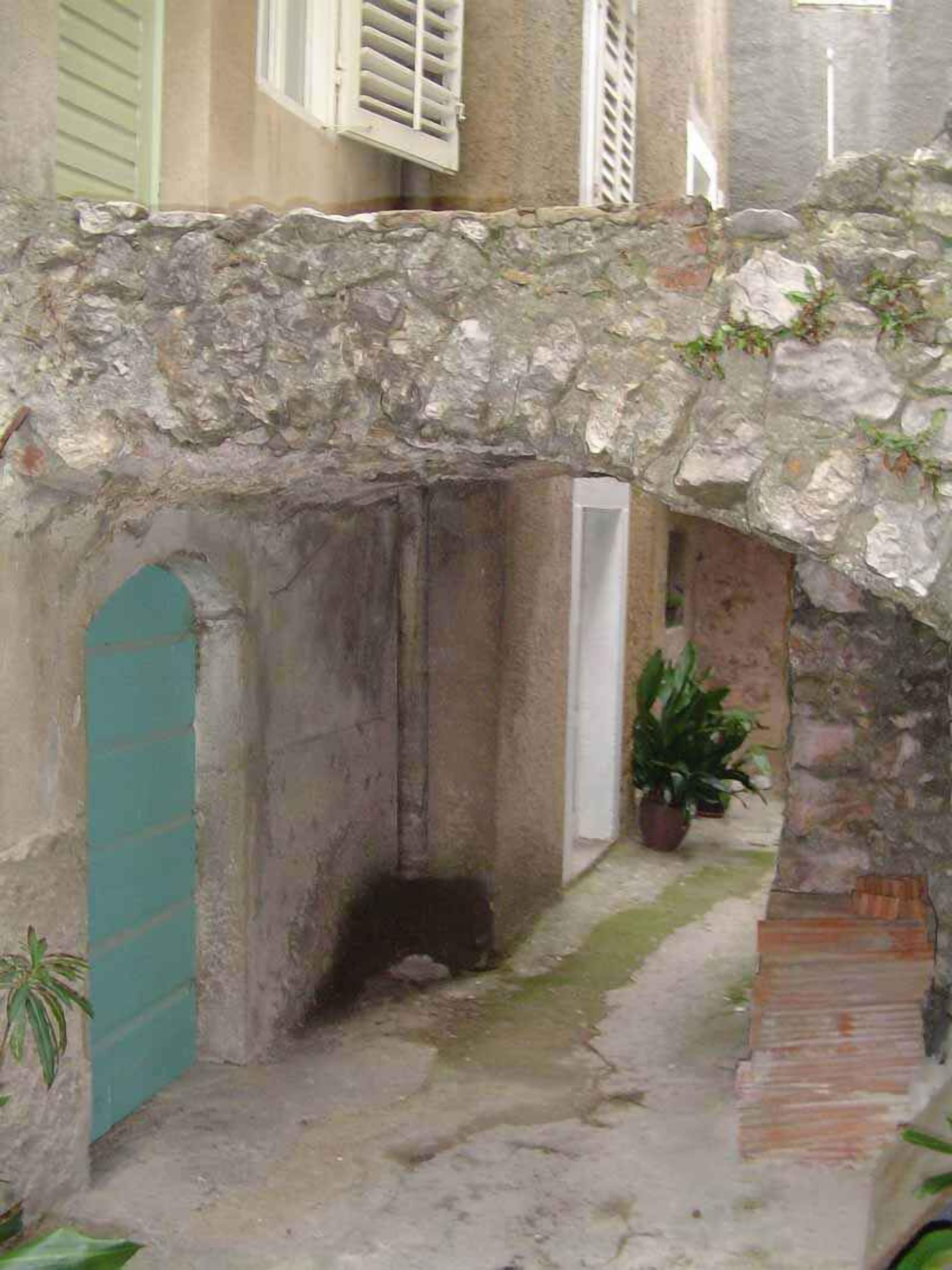 A narrow stone passageway with a door and a potted plant.