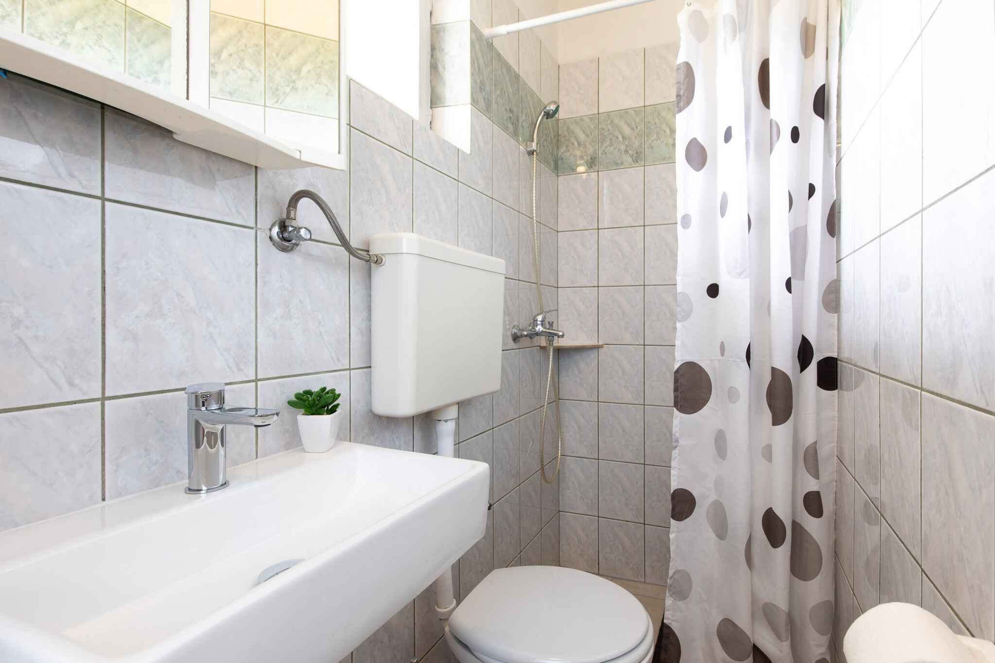 A bathroom with a white sink, a toilet, and a shower area.