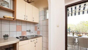 Cucina compatta con lavello, fornelli e pensili. Sul piano di lavoro, una piccola pianta in vaso.