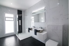 Regadera, secadora de cabello, toallas, jabón 