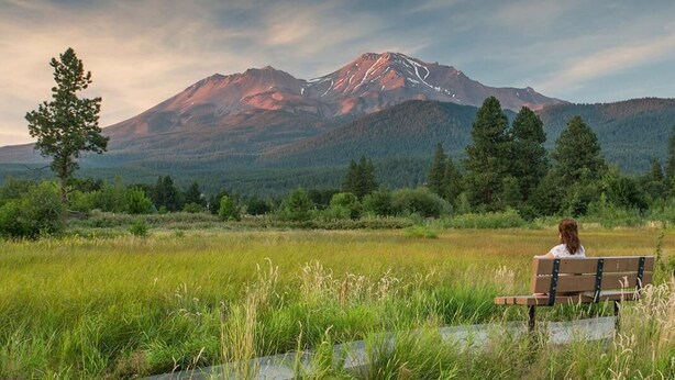 A person sitting on a bench facing a mountain. - Shasta Serenity A cozy cottage in Downtown Mt Shasta (Mt Shasta)