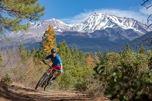 En mountainbiker på en sti, med et snedækket bjerg i baggrunden.