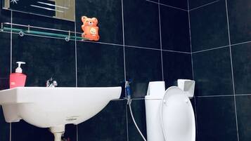 Shower, hair dryer, towels, shampoo