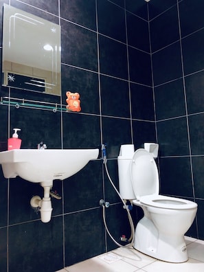 Douche, séchoir à cheveux, serviettes fournies, shampooing