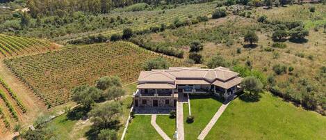 A large stone house with a tiled roof, surrounded by lush green fields and vineyards.