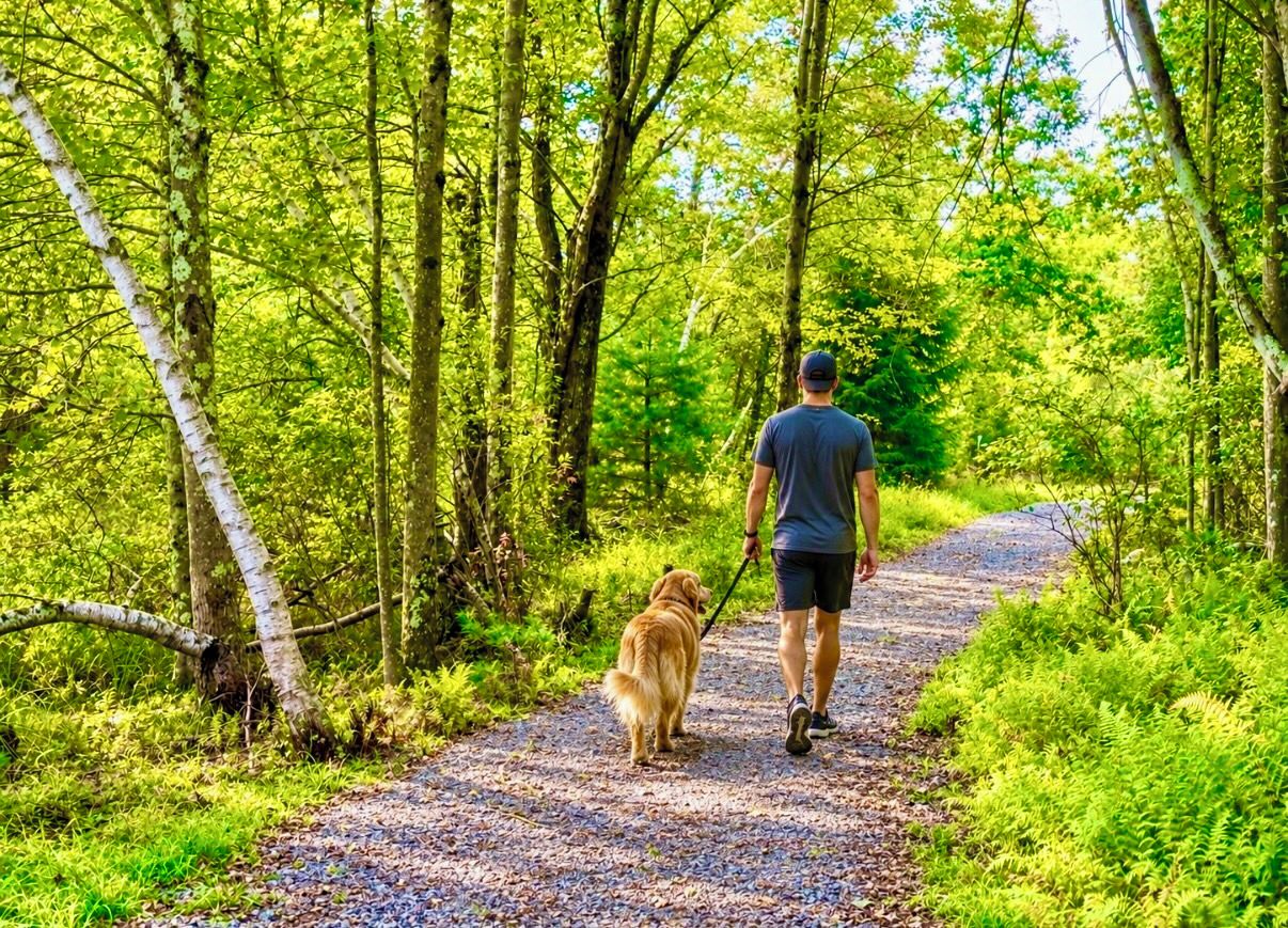 A person walking a dog on a gravel path surrounded by trees.