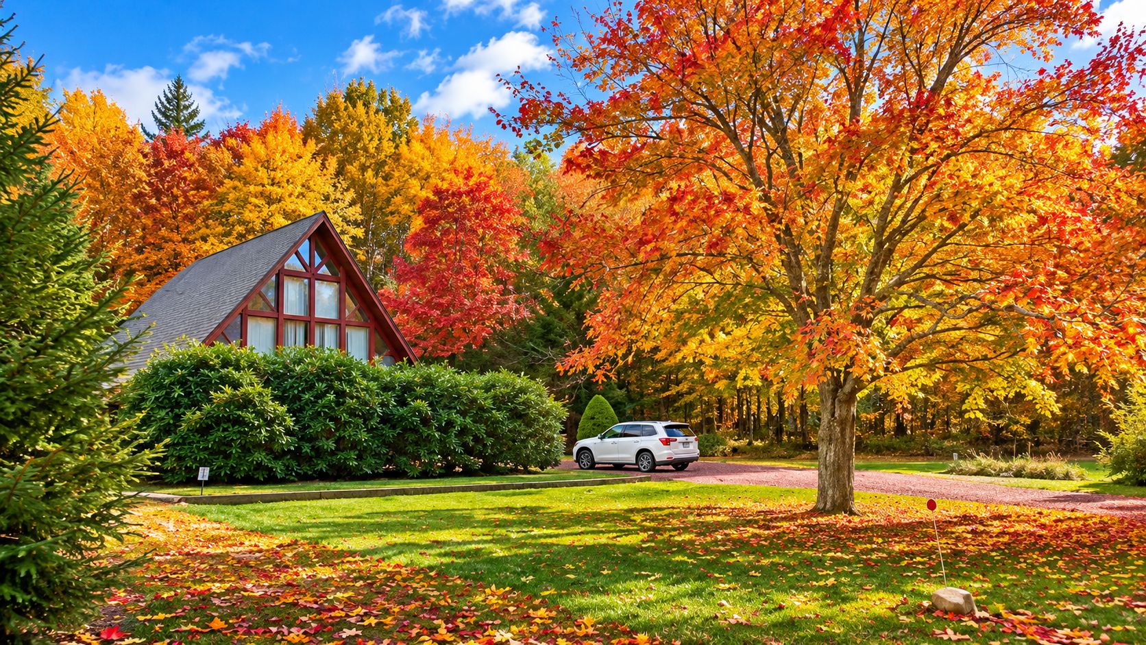 Une maison avec un toit en pente, entourée d’une pelouse bien entretenue et de divers arbres aux couleurs automnales.