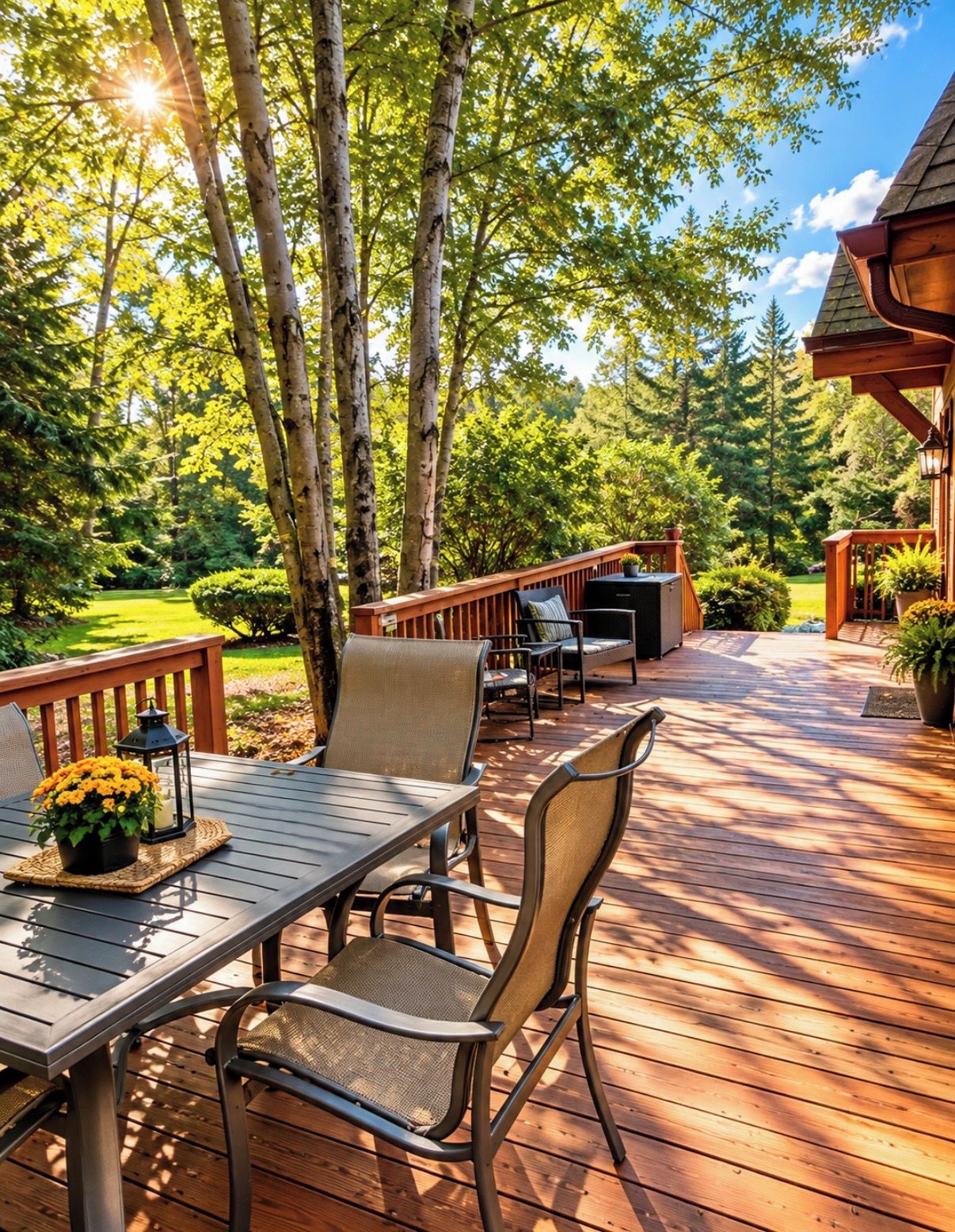 A wooden deck with outdoor furniture, surrounded by trees and a well-maintained lawn.