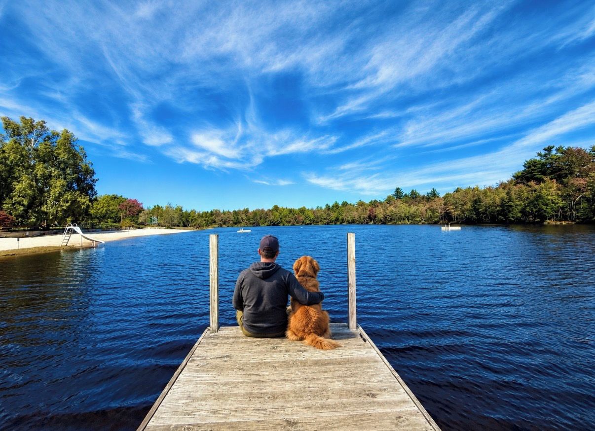 Un molo di legno che si protende su un lago, con una persona e un cane.