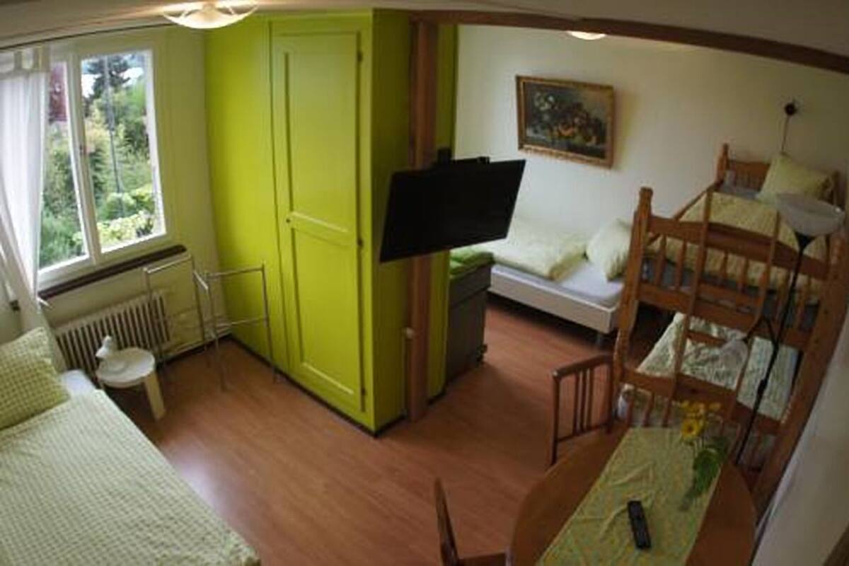 A room with a bed, a desk, a chair, a window, a radiator, a television, and a bunk bed.