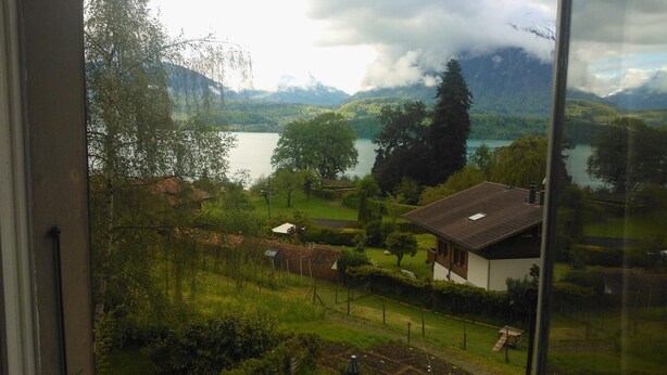 A view from a window overlooking a lake, surrounded by greenery and a few buildings. - Pension Schönörtli (Sigriswil)