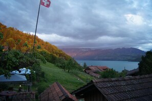 A rural landscape with a lake, mountains, and a flag. - Pension Schönörtli (Sigriswil)